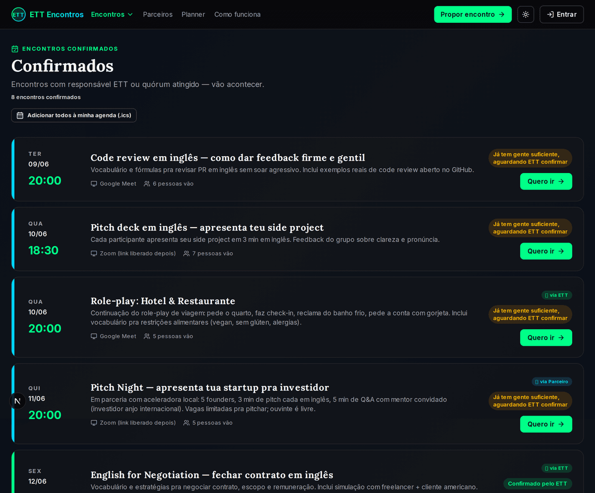 Lista de encontros confirmados
