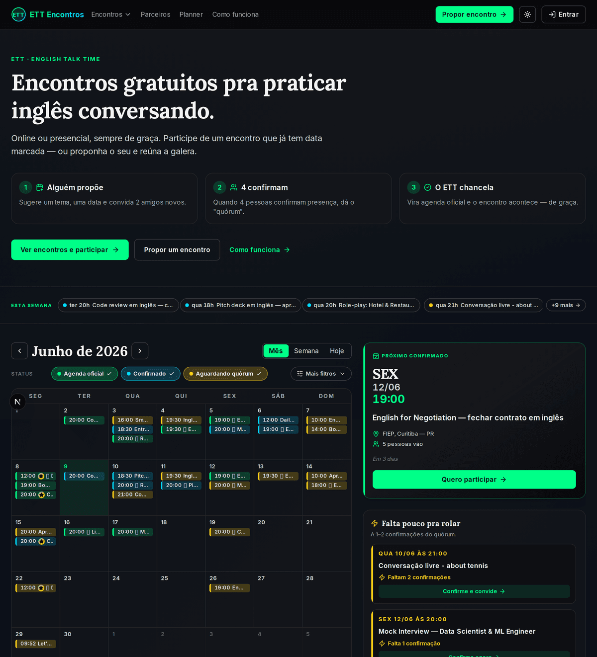 Tela inicial com calendário e próximo encontro